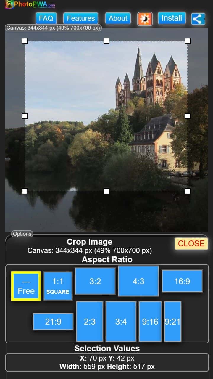 PhotoPWA mit Zuschneide-Auswahl und Vorgaben für das Seitenverhältnis